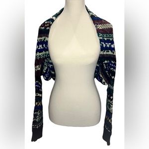 FREE PEOPLE Fair Isle mohair sweater shrug tribal cropped Size Med Navy & Green